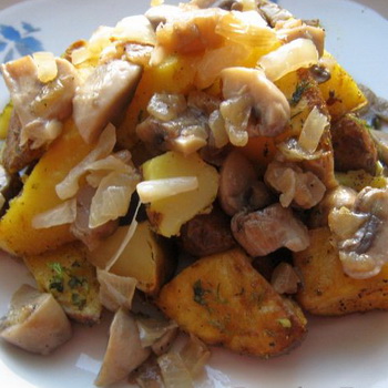 Resipi untuk hidangan dengan kentang, cendawan dan sayur-sayuran