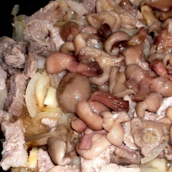 Daging direbus dengan jamur di oven, slow cooker atau kuali